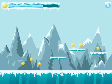 Dağ sorunsuz arka plan illüstrasyon mobil uygulaması, web, kar ve buz ile oyun için. Vektör şablon GUI elemanları ile.