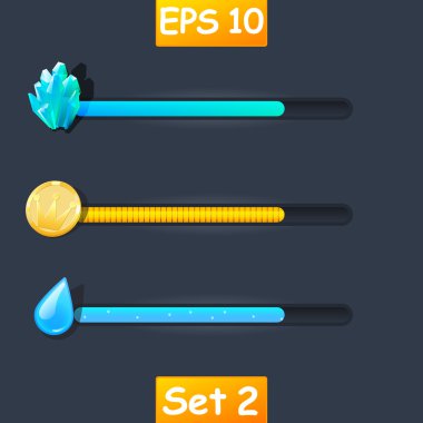 Set of vector game resource bar. Cartoon water drop, gold coin and magic crystals. clipart