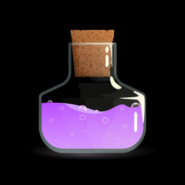 Purple elixir in the glass bottle with stopper game icon. — Stock Vector