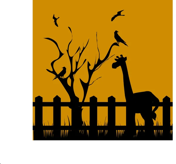 Jirafa cerca de árbol con aves — Archivo Imágenes Vectoriales