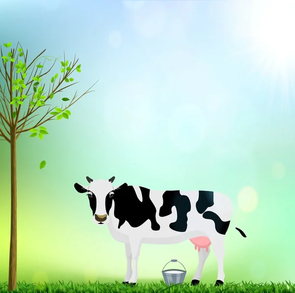 Vaca manchada de branco e preto com uma ilustração vetorial de leite de balde — Vetor de Stock