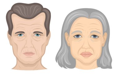Beyaz arka planda yaşlı erkek ve kadının yüzlerinin yansıması 