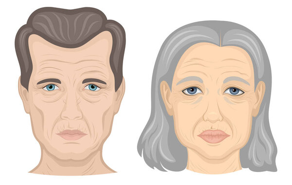 Illustration of faces of elderly man and woman on white background 