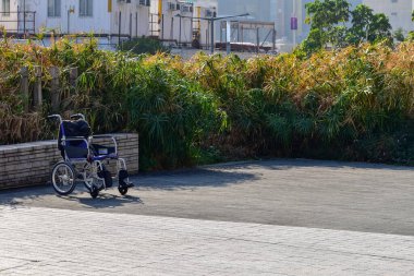 Sokakta tekerlekli sandalye. Tekerlekli sandalyeli bir park manzarası. Tıbbi konsept.