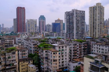 Çin 'in Guangzhou şehrinin Yuexiu ilçesinin manzarası. Eski kasaba, Guangzhou 'daki yerleşim bölgesi. Çin Şehir ve Seyahat Sahnesi.