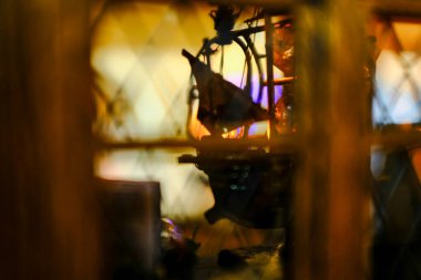 Evin içindeki cam duvara yakın çekim yap. Ev dekorasyonu, ev dekorasyonu. Ev tasarımı öğeleri. Arkaplan kullanımı için.