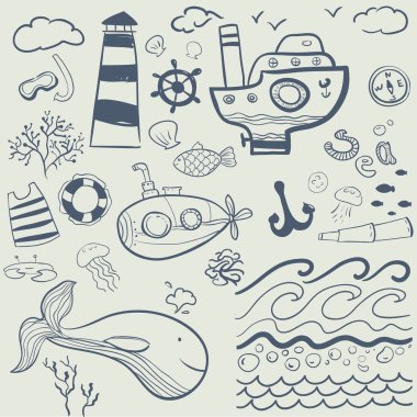 Deniz konulu vektör simgeler kümesi. Deniz arka plan. vektör nesneleri. 