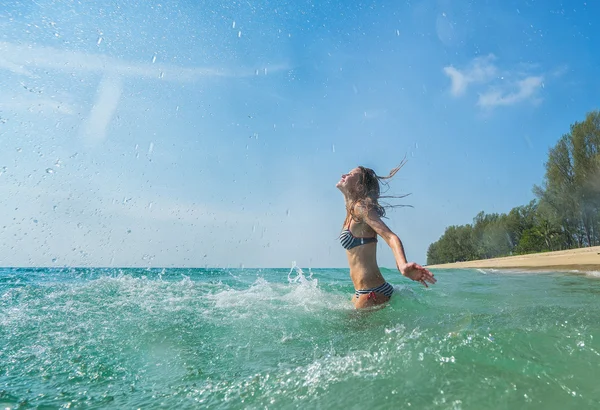 Woman, splash and sea — Stock Photo, Image