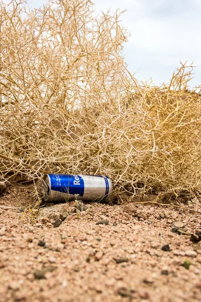 Kaleng kosong dari Banteng Merah di gurun kering — Stok Foto