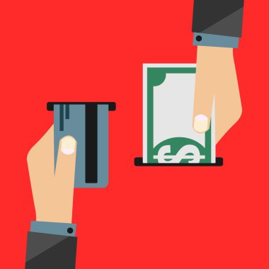 Hand Withdrawing Money (Dollar Bill) From Bank Account With Credit Card - Banking Flat Vector