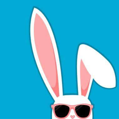 Paskalya tavşanı tavşan Big Ears ve güneş gözlüğü mavi zemin üzerine beyaz