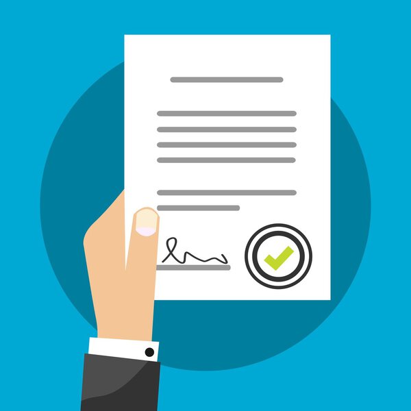 Бизнесмен, заключивший договор Векторная иллюстрация Подписанный договор, Символ юридического документа с печатью, Документация Квартира подписана в изоляции Современный дизайн
