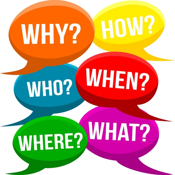 Cartoon Question Bubbles - Why? How? Who? When? Where? What? Questioning — Stock Vector
