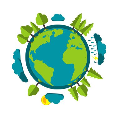 Yağmur, Bulutlar, Güneş ve Yeşil Doğa ile Planet Earth Karikatür Tarzı