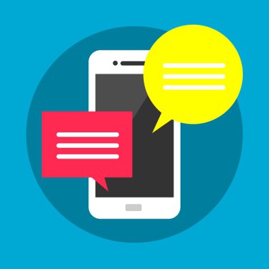 Kırmızı ve sarı kabarcık konuşma ile Cep telefonu, web sohbet kavramı, online mesajlaşma, mesajlaşma, bağlantı, iletişim modern düz vektör illüstrasyon tasarımı