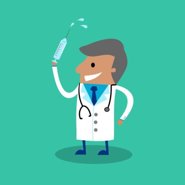 Uluslararası doktor enjeksiyon için şırınga tutarak karakter