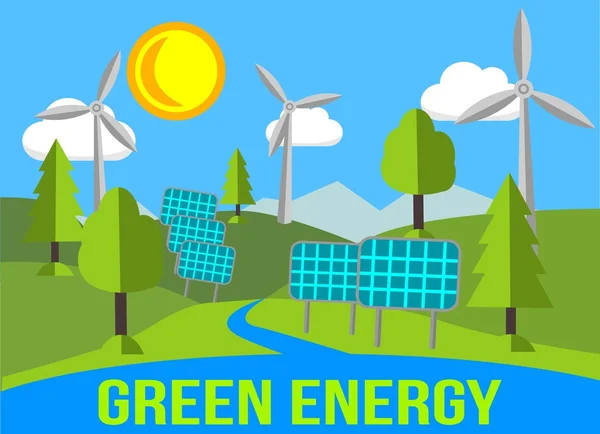 Zielona energia krajobraz z odnawialnych źródeł energii-panele słoneczne i wiatraki — Wektor stockowy