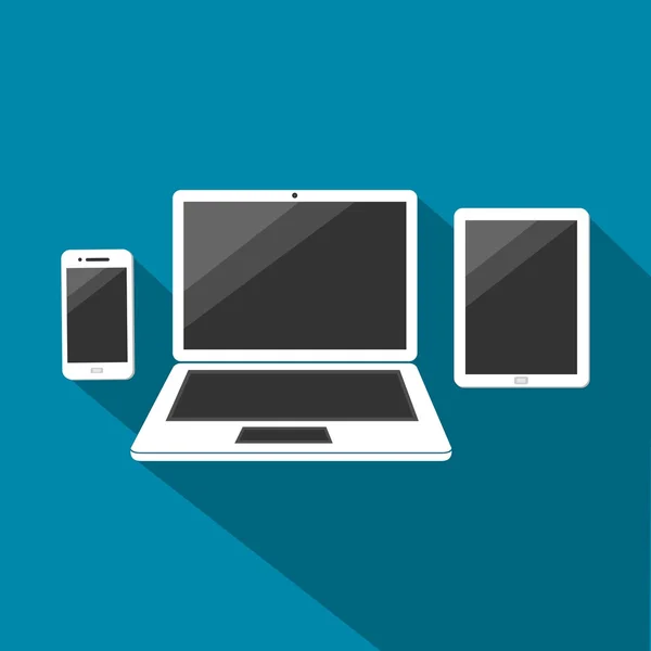 Smartphone blanc, ordinateur portable et tablette avec le vecteur de signe d'écran sombre — Image vectorielle