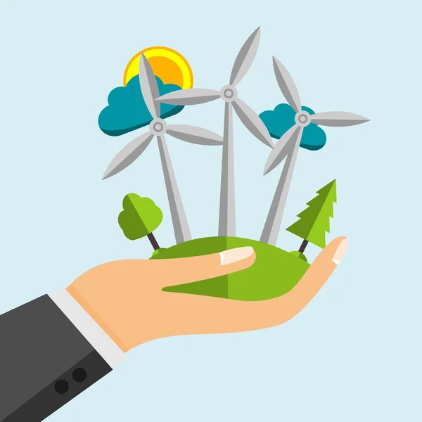 Ветряная турбина - Возобновляемые источники энергии в открытой руке мультфильма — стоковый вектор