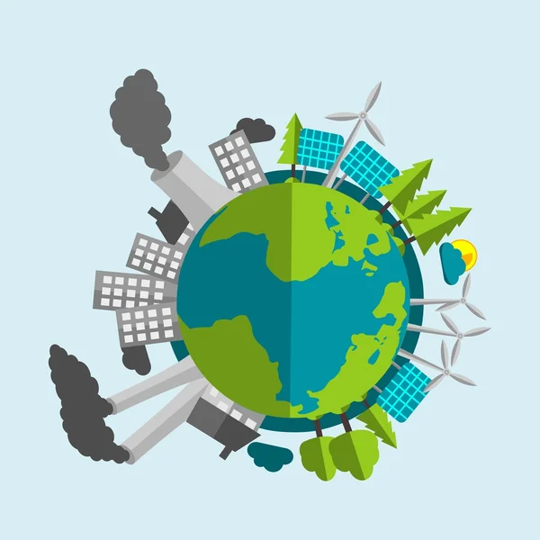 Desenhos animados Planeta Terra - Meio preenchido com fontes de energia renováveis e natureza - Metade com indústria e poluição —  Vetores de Stock