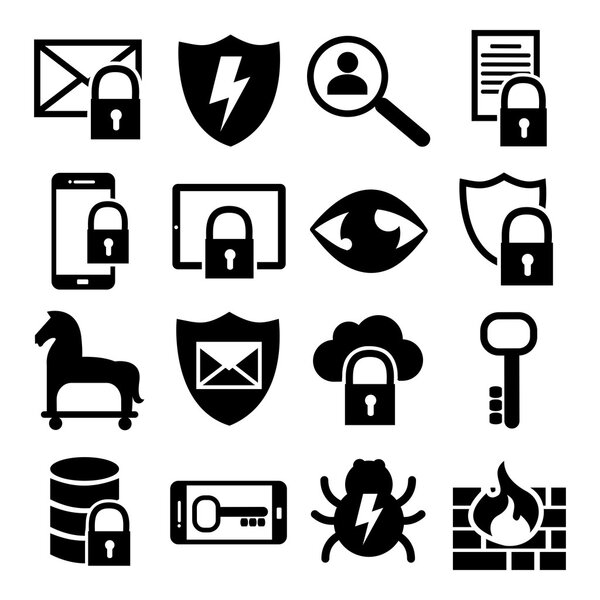 Icons IT Website Icons - Firewall, Trojan Horse, Virus, Lock, Key Symbol Set
