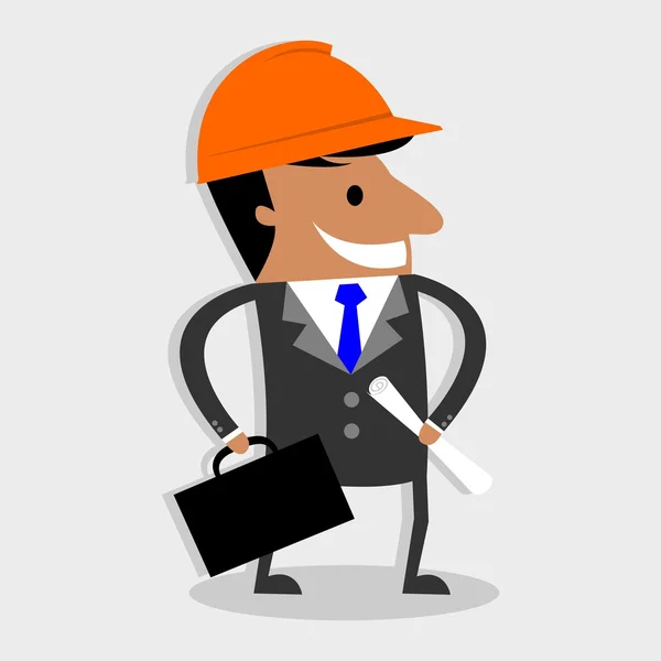 Bauarbeiter, Ingenieur oder Architekt mit Koffer- und Projektbauplan-Charakter — Stockvektor