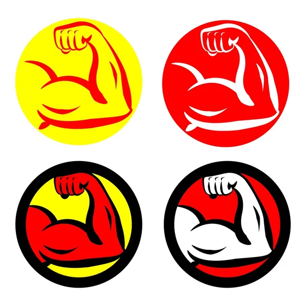 Set van vier biceps spier bodybuilder Logo's in rood, wit, geel en zwart — Stockvector