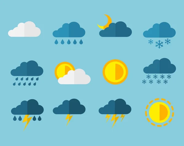 Weather Meteorology Flat Web Icon Sign Set - Sun, Rain, Snow, Cloud, Storm & Lightning Symbols — Stock Vector