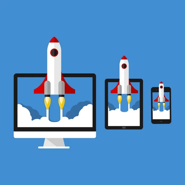 Rocket Launch Start Up Project On Monitor, Tablet And Smartphone Display Flat Vector — Stock Vector