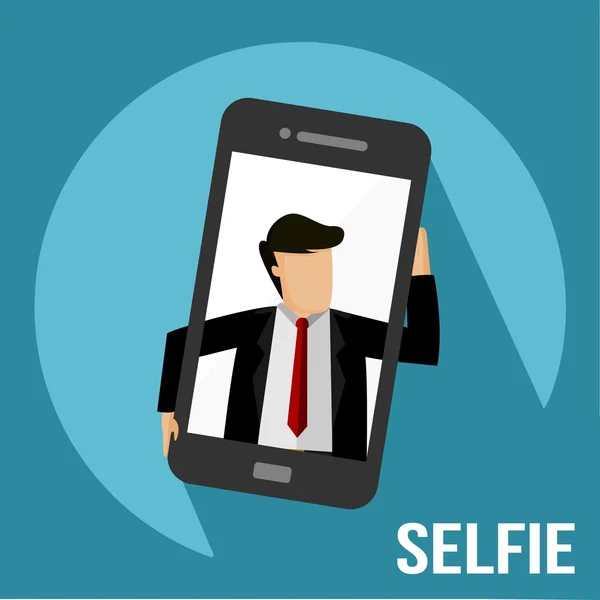 Selfie cellulare con uomo d'affari in tuta piatto web icona segno illustrazione vettoriale — Vettoriale Stock