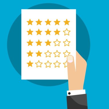     Beş yıldızlı Rating Sistemi kağıt üzerinde eller izole düz vektör işareti ile 