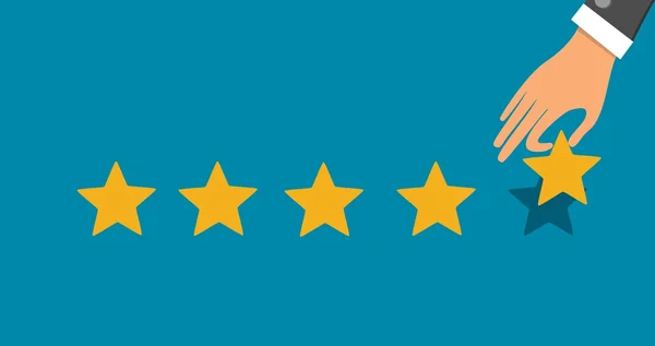 Golden Five Star Rating System on Blue Background with Hand Adding Star Flat Vector — стоковый вектор