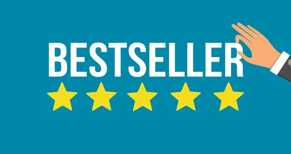 Bestseller Golden Five Star Valutazione Con Vector Hand Holding Testo — Vettoriale Stock