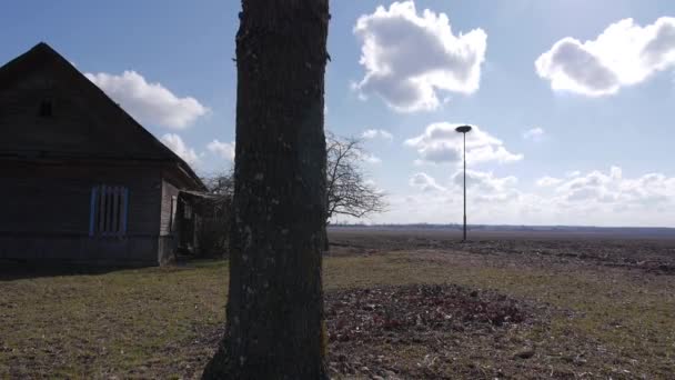 Одинокий заброшенный дом сидит посреди пшеничного поля в ветреный серый день — стоковое видео
