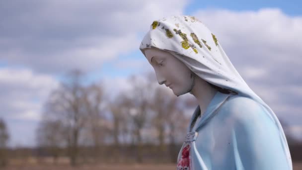 Een eenzame verlaten standbeeld zit in het midden van een tarweveld op een winderige grijze dag — Stockvideo