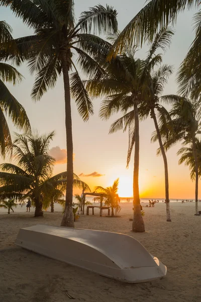 Karayipler kıyısında güzel bir plajda gün batımı. Sahilde tekne. Isla Mujeres, Meksika