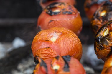 Şiş üzerinde ızgara domates suyu ve ateş ile yakından