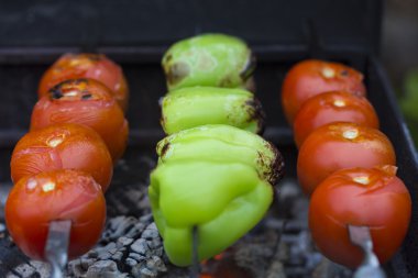Izgara domates ve biber suyu ve kömür ile şiş üzerinde