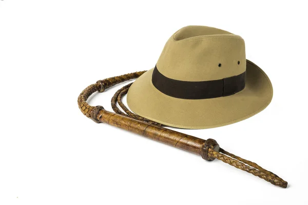 Adventure concept. Fedora hat and bullwhip isolated — Stock Photo, Image