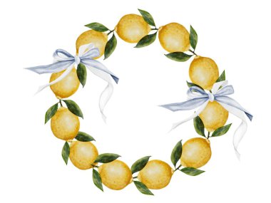 Lemonround frame watercolor. Hand drawn tropical sour fruit with ribbons and bows. Clip art of juicy yellow lime. Citrus on isolated white background. Ideal for logo and packaging of natural cosmetics