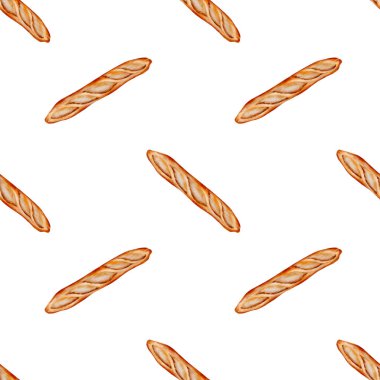 Süzme suluboya desen. Beyaz arka planda fiyonklu el yapımı uzun baget. Kurabiye sanatı. Fırınlanmış ürünleri ve mutfak tekstilini paketlemek için ideal. Yüksek kalite