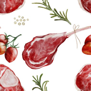 Taze et suluboya kusursuz desen. Yemek klipsi sanatı. Beyaz arka planda siyah biberiyeli, el yapımı organik inek eti. Yemek kitabı tasarımı, restoran menüleri ve kasap dükkanı için mükemmel.