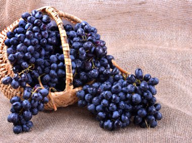 Yakın çekim bir hasır sepet içinde siyah üzüm.