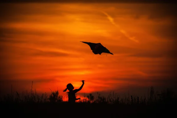 Fille et cerf-volant volant au coucher du soleil — Photo