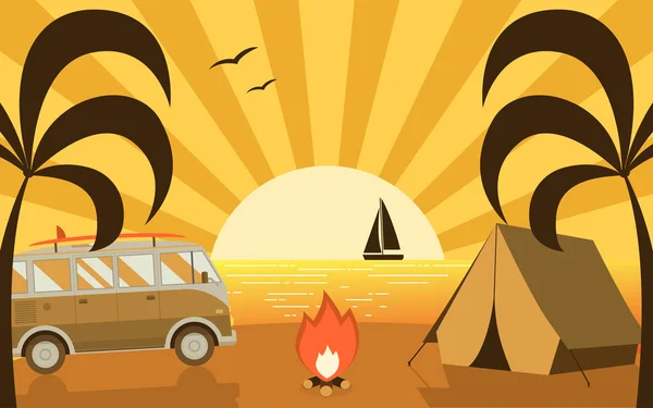 Terrain de camping avec camping van — Image vectorielle