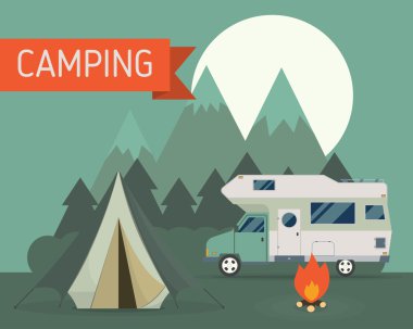 camping scene with family trailer caravan 