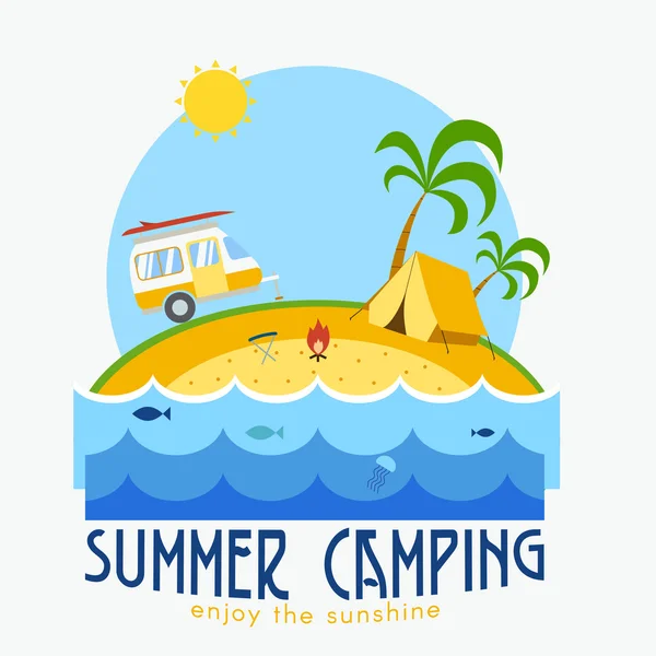 Camping paisaje con caravana — Vector de stock