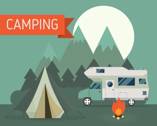 Camping scene with family trailer caravan — Wektor stockowy