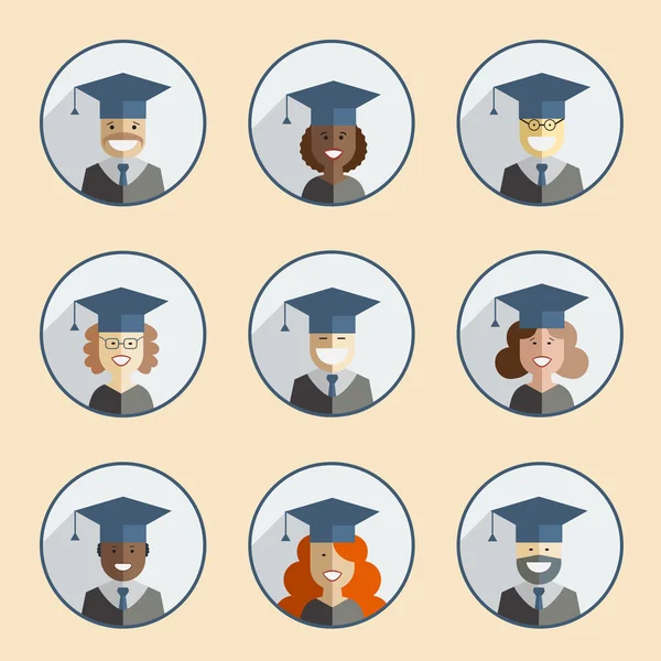 Hombres y mujeres graduados en bata y sombreros . — Vector de stock