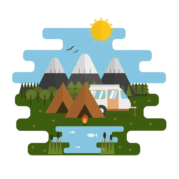 Mountain Lake Camp ecologisch landschap — Stockvector